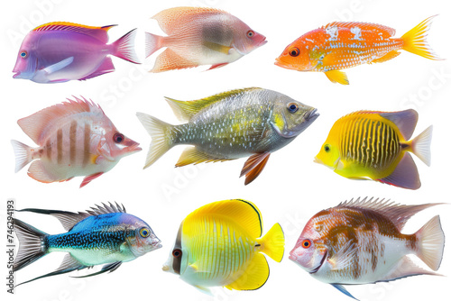 Collection of tropical ocean bright fish isolated on background, marine life with colorful fishes, aquarium underwater world concept.