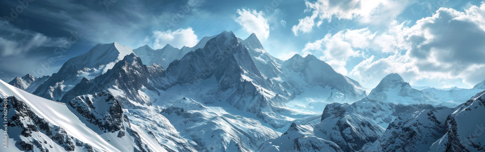 A majestic snow-capped mountain with a clear blue sky in the background.