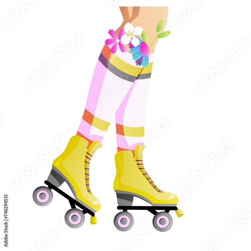 female legs with retro rollers and flowers in socks. Cartoon vector illustration for printing on packaging paper and postcards. wildflowers in socks. Girl wearing roller skates. legs and rollerblades