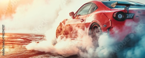 The car performs a drift on the road by emitting smoke from its tires photo