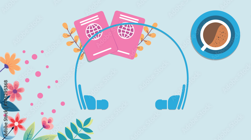 passport desk with passports, flowers and headphones for communication, migration service operator desk. Travel style illustration