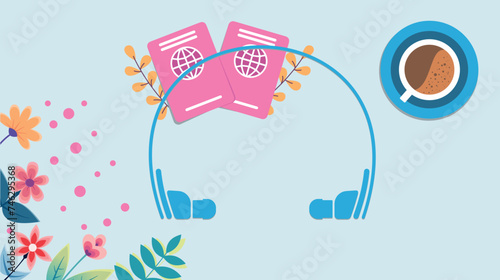 passport desk with passports, flowers and headphones for communication, migration service operator desk. Travel style illustration