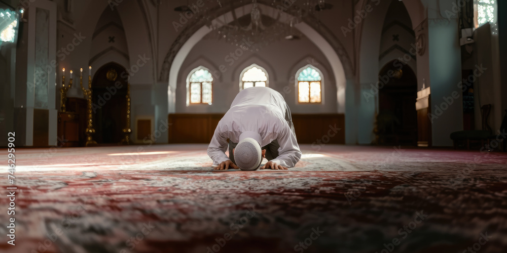 Silhouette of Indonesian Muslim man praying in the mosque - obrazy, fototapety, plakaty 