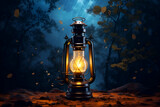 Lantern in the forest at night.  3d  Rendering