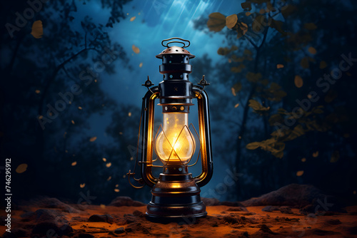 Lantern in the forest at night. 3d Rendering