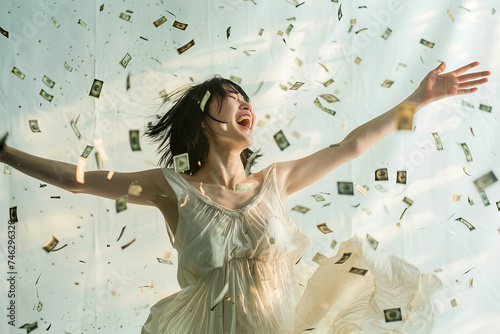  Joyful Woman Celebrating in a Whirlwind of Falling Money