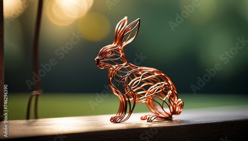 rabbit bent wire figure on blurred backdrop, abstract wire hare creative figures, art and imagination intersection. © panophotograph
