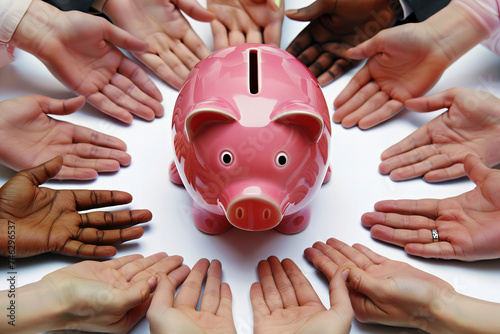  Diverse Hands United Around Piggy Bank вЂ“ Collaborative Saving Strategies..