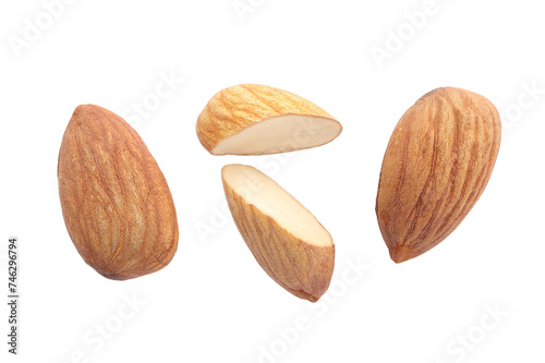 Set of multiple different dried Almonds, Almonds isolated on white background with clipping paths. Flat lay, top view