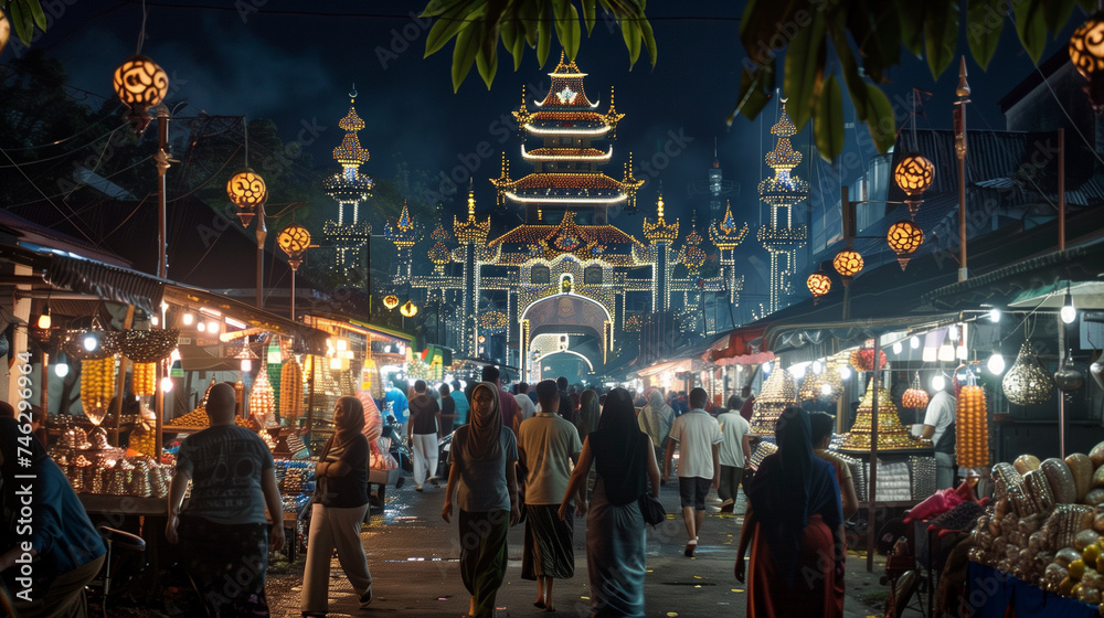 A vibrant scene unfolds in an Indonesian market adorned with Ramadan decorations, capturing the spirit of the celebration