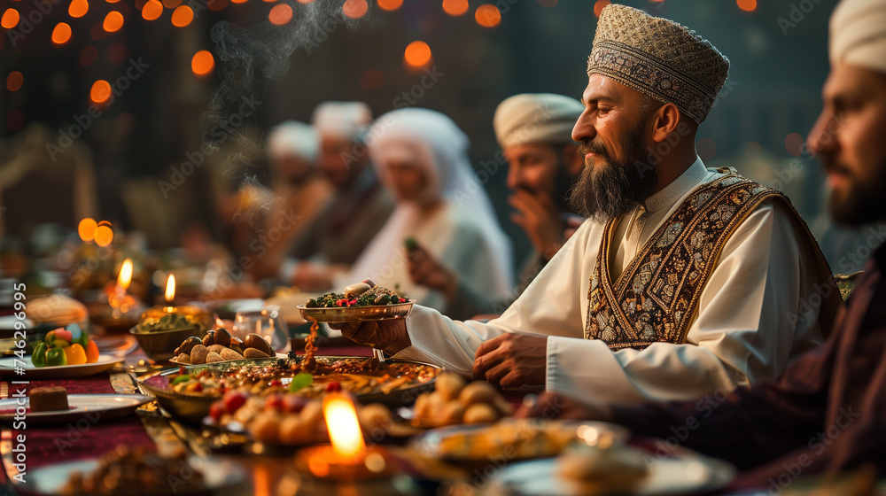 A close-up picture captures a man delicately picking food during a Ramadan celebration