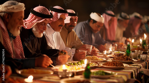 Saudi people come together for a festive dinner during a Ramadan celebration event, sharing the joyous spirit of the occasion