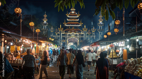 A vibrant scene unfolds in an Indonesian market adorned with Ramadan decorations, capturing the spirit of the celebration