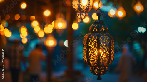 A close-up captures the beauty of a hanging lantern during a Ramadan event.