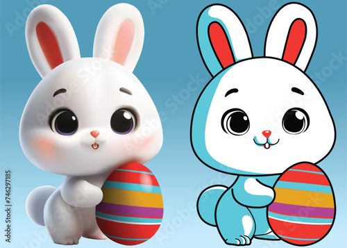 White bunny character easter theme hand holding chocolate has the heart shape 2 style 3D vector and 2D for card, ads, and banner. photo