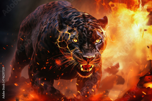 A large black tiger confidently walks through a forest engulfed in flames, symbolizing the struggle of animals against environmental destruction