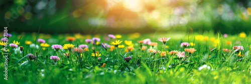 beautiful spring day panorama background,landscape Meadow with blue sky and green grass, white and pink spring daisy flowers ,banner