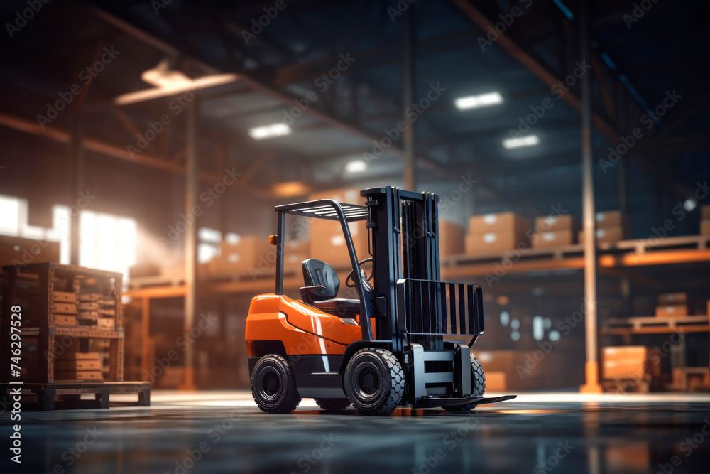 A modern forklift for working in a warehouse, loading, unloading and transporting goods. Logistics warehouse. A modern forklift for working in a warehouse, loading, unloading and transporting goods. Logistics warehouse.
