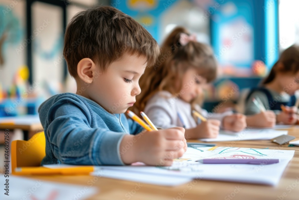 Children drawing in classroom with pencils. Generative AI. Children drawing in classroom with pencils. Generative AI.