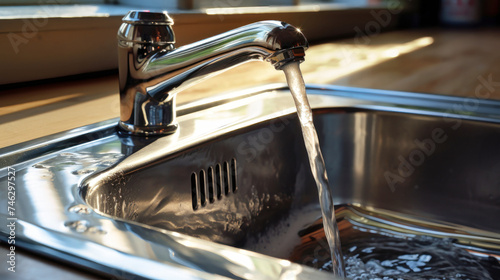 Water flows from a kitchen sink faucet, highlighting the simple act of water usage and emphasizing the need for water conservation