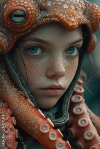 A girl wearing an octopus hat and looking at the camera. Generative AI.