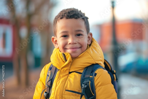 A young boy in a yellow jacket smiling. Generative AI.