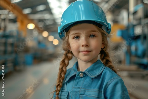 A little girl wearing a hard hat in a factory. Generative AI.