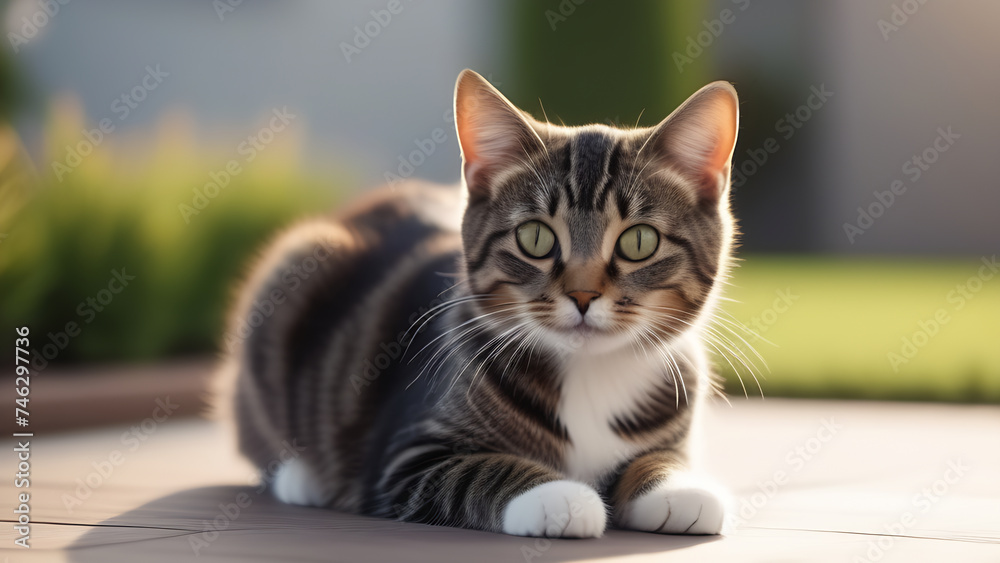 A cute striped kitten lies on the street. Young tabby cat outside the house in the sun during the day