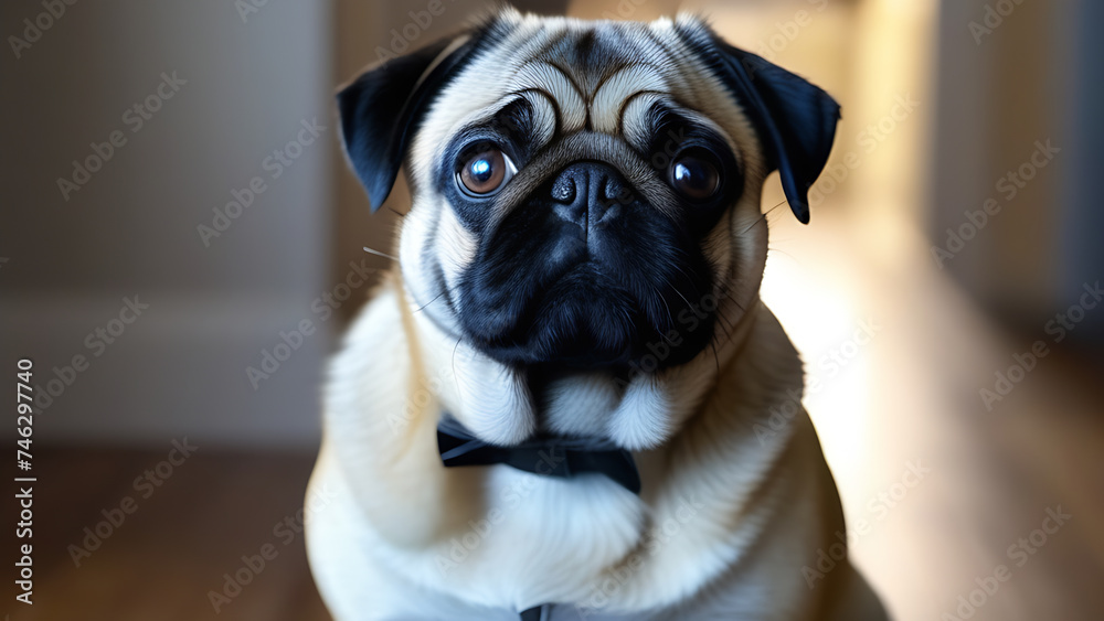 a cute pug whose eyes are full of curiosity and devotion. He looks directly into the camera lens in close-up, as if trying to read our thoughts