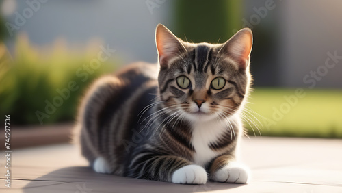 A cute striped kitten lies on the street. Young tabby cat outside the house in the sun during the day © Daria Lukoiko