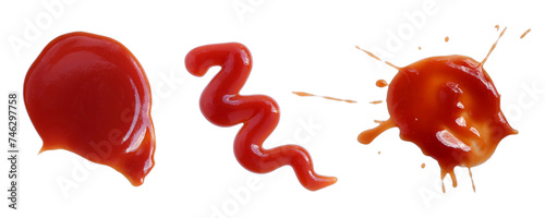Red ketchup splashes isolated on white background. tomato sauce texture. from above, collection