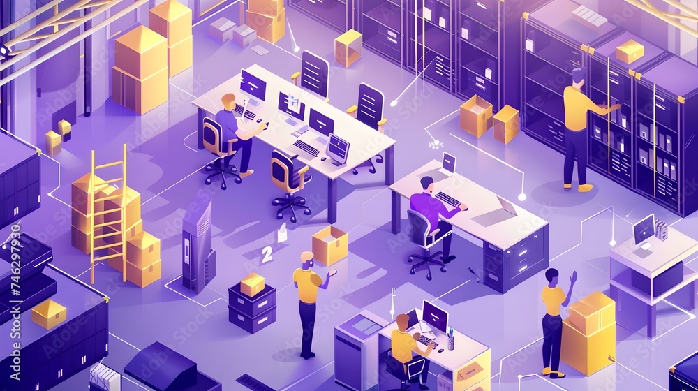 Modern office space in isometric style, detailed concept of workspace with employees. vibrant colors depicting productivity and teamwork. AI Modern office space in isometric style, detailed concept of workspace with employees. vibrant colors depicting productivity and teamwork. AI