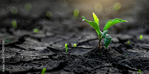 Emerging Life Triumphs: Resilient Green Shoots on Barren Ground..The background color of the image is predominantly dark with shades of grey and black. photo