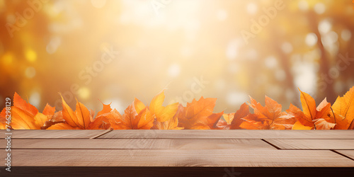 Envisioning Tranquility with a Wooden Table Awash in the Warmth of Orange Autumn Leaves  Set Amidst the Serenity of an Autumn Background