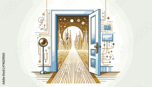 Concept of a futuristic and sophisticated image of the AI world seen through the door. Vector illustration.