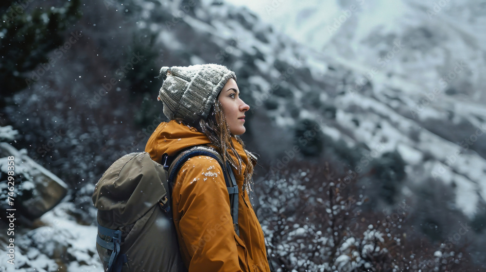 A woman stands with a backpack, looking out at a snow-covered mountain landscape