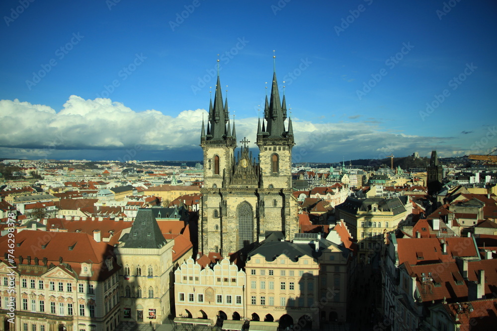 Visit to the interior of the Prague Astronomical Clock and panoramic view of the city of Prague, Church of Our Lady of Týn, Prague Castle, and Old Town Square of prague, V tower