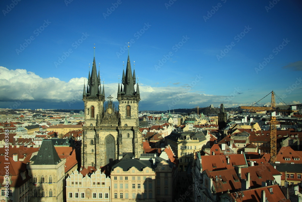Fototapeta premium Visit to the interior of the Prague Astronomical Clock and panoramic view of the city of Prague, Church of Our Lady of Týn, Prague Castle, and Old Town Square of prague, V tower