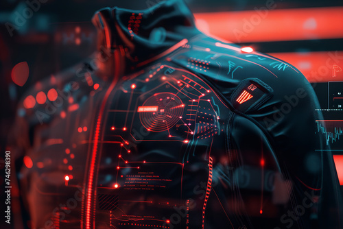 Futuristic Cybernetic Interface on Advanced Body Armor Under Neon Lights