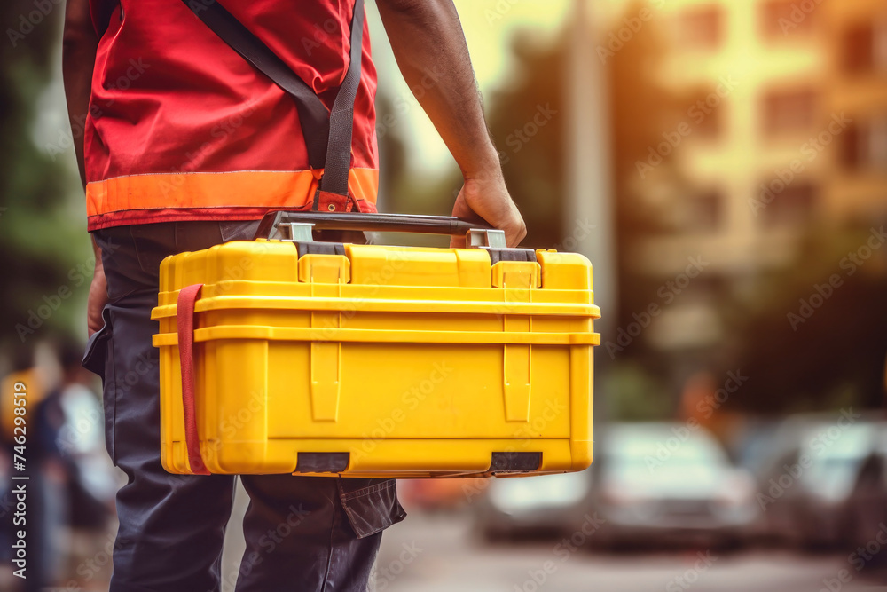 A builder is walking down the street, carrying a bright yellow tool box A builder is walking down the street, carrying a bright yellow tool box