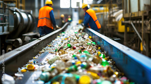Conveyor Belt Filled With Plastic Bottles at a Garbage Processing Plant