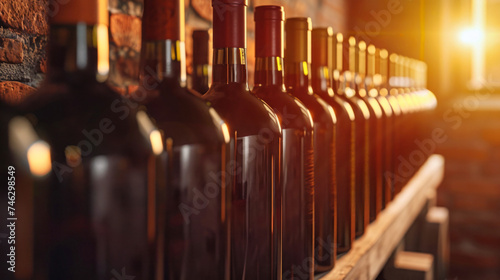Row of Wine Bottles Displayed on Cellar Shelf
