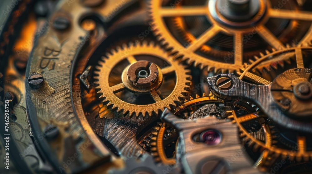 Fototapeta premium Intricate Vintage Watch Mechanism Close-Up. Close-up of an intricate vintage watch mechanism showcasing detailed gears and cogs, reflecting precision and complexity.