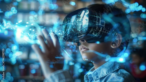 Child Experiencing Futuristic Virtual Reality Interface. A young child is engrossed in a sophisticated virtual reality simulation, with hands raised to interact with a complex digital interface