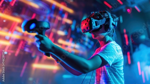 Person Experiencing Virtual Reality Gaming. A gamer immersed in virtual reality, wearing a VR headset and holding controllers, with dynamic neon lights in the background.