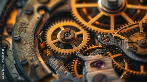 Intricate Vintage Watch Mechanism Close-Up. Close-up of an intricate vintage watch mechanism showcasing detailed gears and cogs, reflecting precision and complexity.