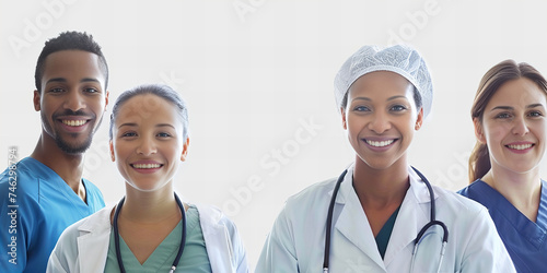 Title: Diverse Team of Smiling Healthcare Professionals Ready to Serve..Background color: White gradient..Banner Resolution: High-resolution image suitable for a banner.