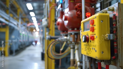 Emergency Stop Button on Industrial Machinery. An emergency stop button and control switches on yellow industrial machinery in a factory, with a blurred background.