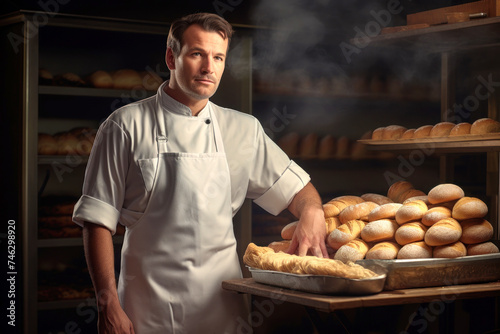 Man Standing in Front of a Pile of Bread