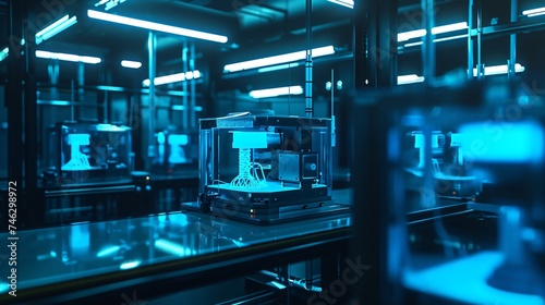 A futuristic 3D printing lab with printers glowing in shades of blue symbolizing innovation and the creation of cutting edge materials